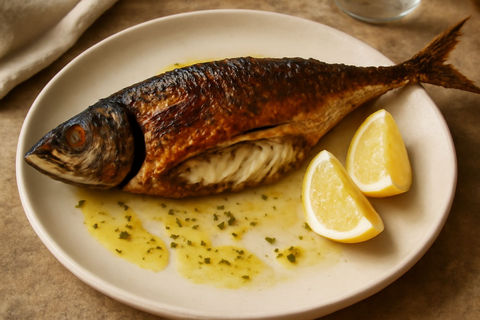 Sgombro intero cotto al forno, dorato e lievemente arrossato sulla pelle, guarnito con fette di limone e prezzemolo fresco, su un piatto bianco con contorno di verdure grigliate