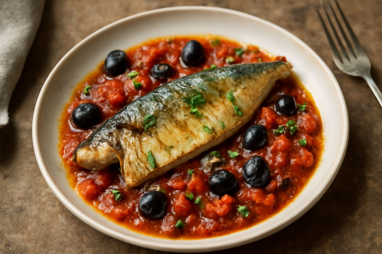 Sgombro intero cucinato in un piatto di porcellana bianca, ricoperto di salsa di pomodori rossi intensi, olive nere, capperi e prezzemolo fresco. Contorno di verdure e limone fresco a fette. Piatto in