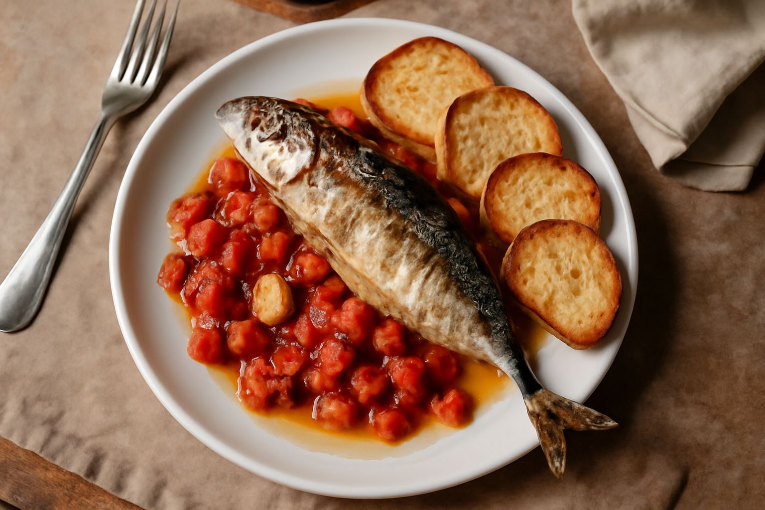 Sgombro intero o a filetti, dorato in rosa, adagiato su un letto di pomodori rossi e aglio in un piatto bianco; prezzemolo fresco sparso sulla superficie; olio d'oliva luccicante intorno
