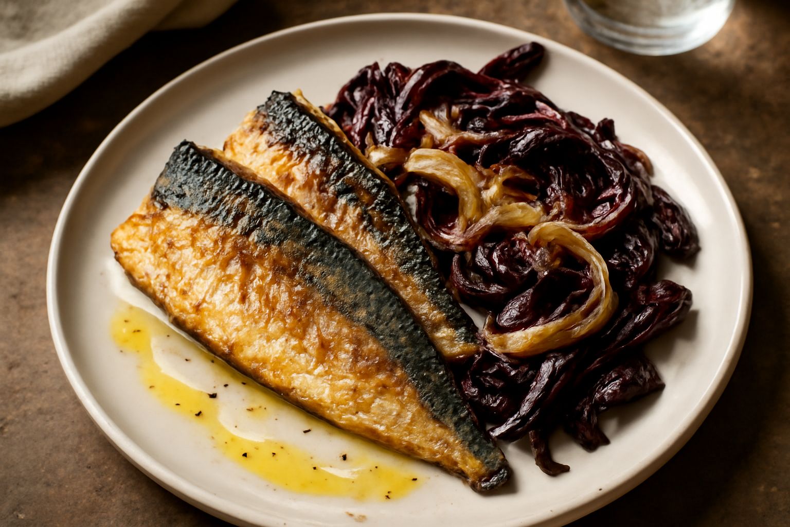 Sgombro filettato al forno con radicchio rosso appassito, lucido d'olio, guarnito con cipolla dorata e aceto balsamico, servito in piatto bianco con contorno di radicchio