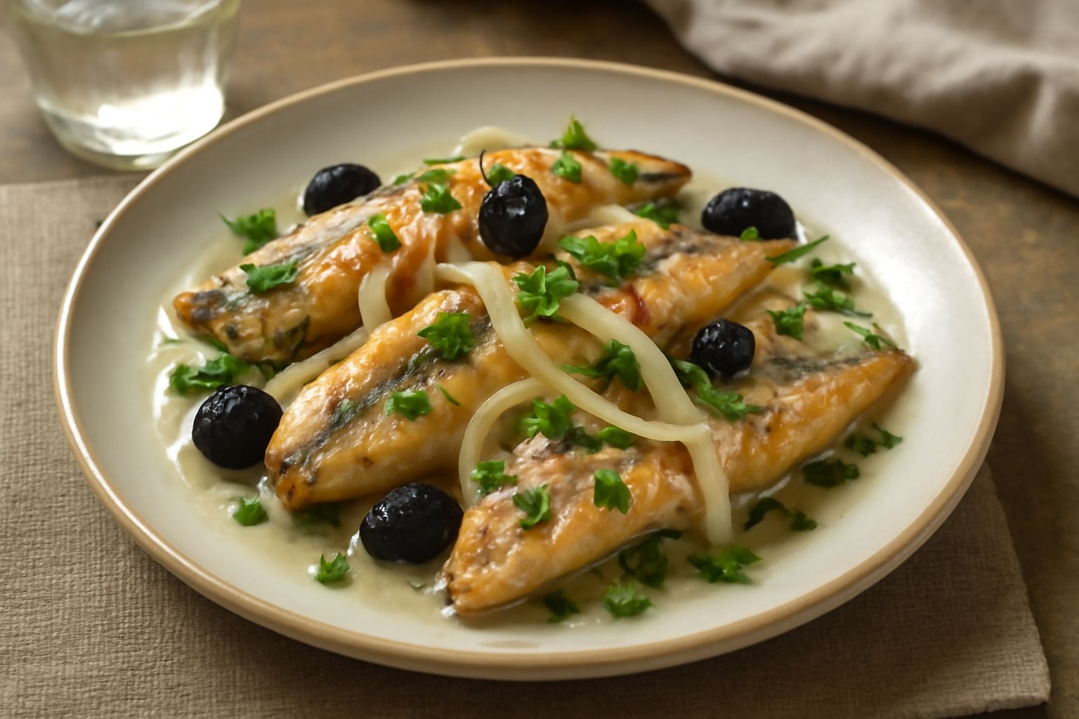 Sgombro all'aceto servito in un piatto bianco, filetti dorati con marinatura trasparente e lucente, cipolla tagliata a fette, olive nere, foglie di prezzemolo fresco, sfondo neutro