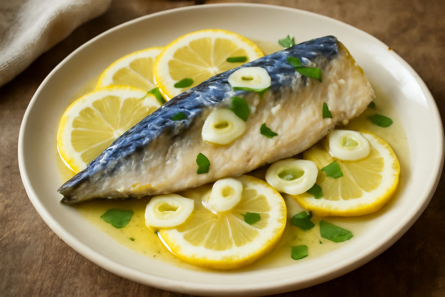 Sgombro filettato in bianco piatto di ceramica bianca, condito con fette di limone gialle, aglio affettato trasparente e prezzemolo fresco verde, con olio limpido che brilla sulla superficie