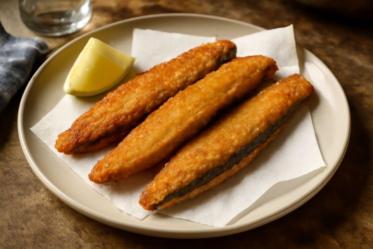 Filetti di sgombro fritti dorati e croccanti disposti su carta assorbente bianca, con una fetta di limone giallo e prezzemolo fresco accanto, in un piatto bianco