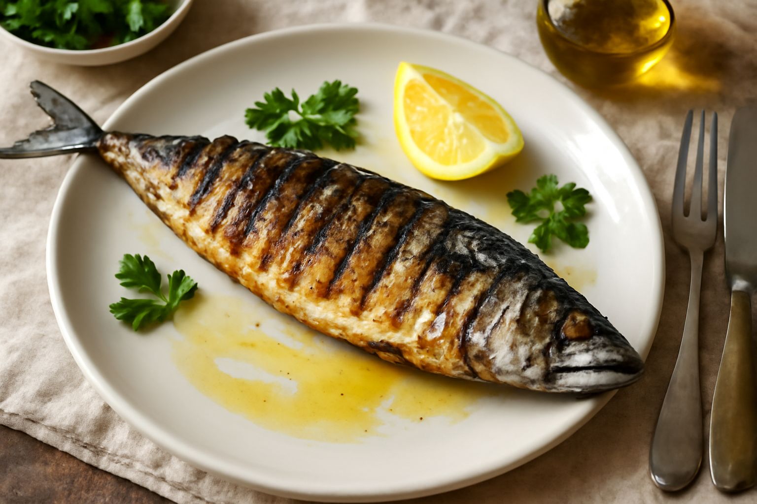 Sgombro intero grigliato dorato con striature scure della griglia, condito con limone fresco, accompagnato da contorno di verdure grigliate e fetta di limone sul piatto bianco