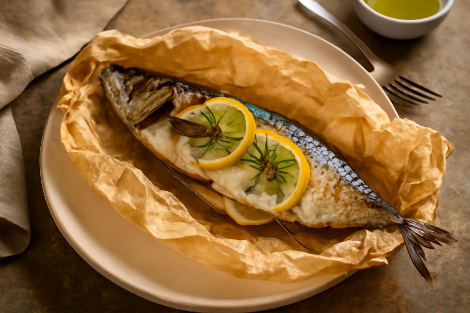 Un cartoccio di carta forno aperto rivela lo sgombro intero cotto con fettine di limone, rosmarino fresco e olive nere su un piatto bianco, ancora fumante