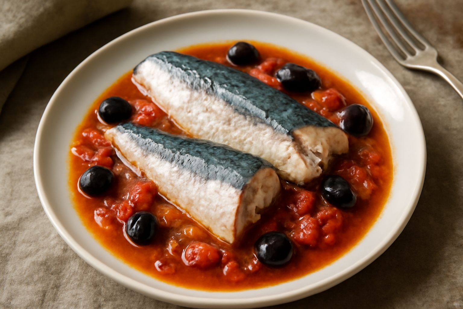 Sgombro in umido in pentola bianca con pomodori, olive nere, cipolla e prezzemolo fresco, vapore leggero che sale dal brodo rosso