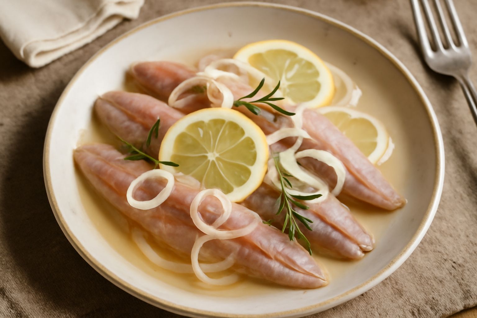 Sgombro marinato affettato in filetti su un piatto bianco, condito con fettine sottili di limone giallo, cipolla bianca e rosmarino fresco, con olio lucido e gocce di aceto visibili