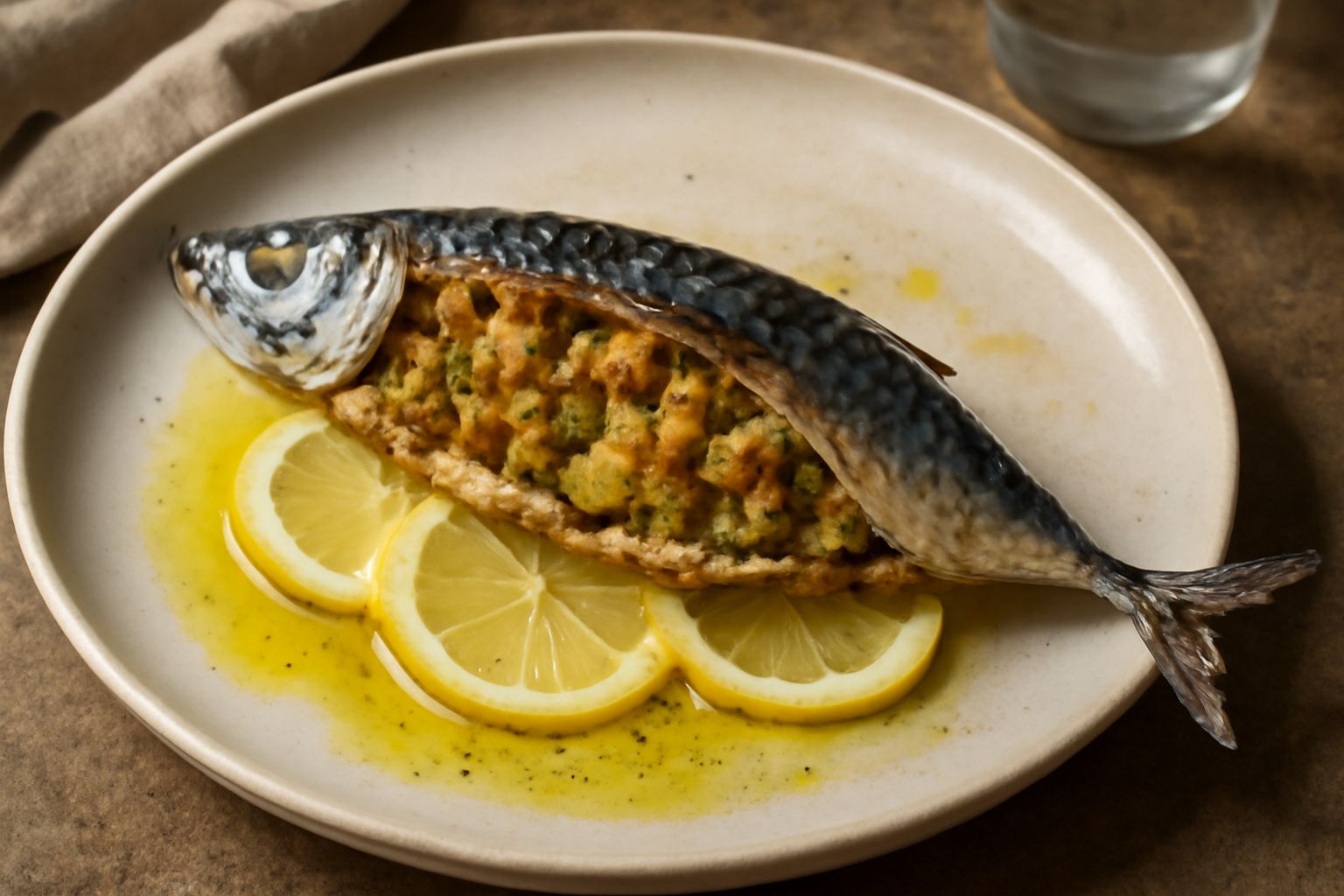 Sgombro intero infornato su un piatto bianco, con la pelle blu scura e il ventre aperto che mostra il ripieno di pane e verdure verdi, contornato da fette di limone e spruzzi d'olio