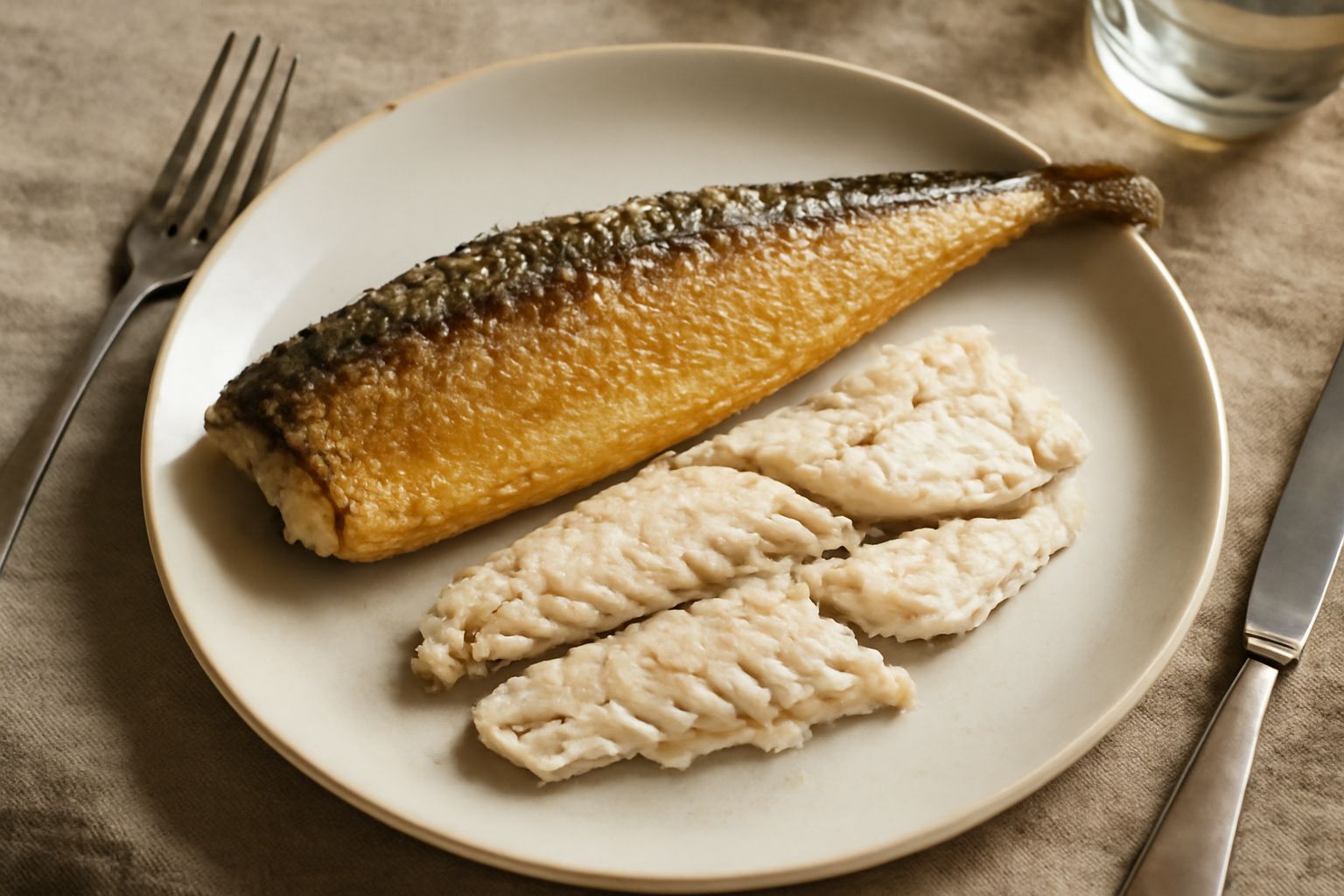 Sgombro intero salato e cucinato in padella, con pelle dorata e lucida, carne bianca visibile nei tagli laterali, contorno di limone fresco e prezzemolo verde su piatto bianco