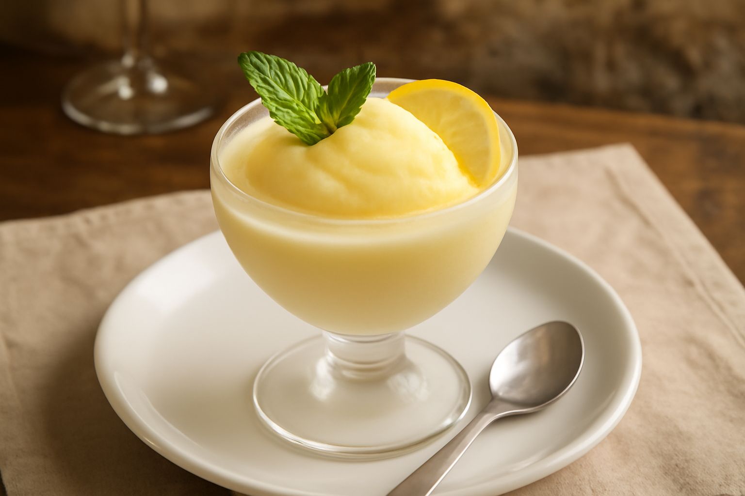 Bicchiere trasparente con sgroppino cremoso color giallo pallido, guarnito con foglia di menta fresca, su sfondo bianco, con cucchiaino vintage accanto