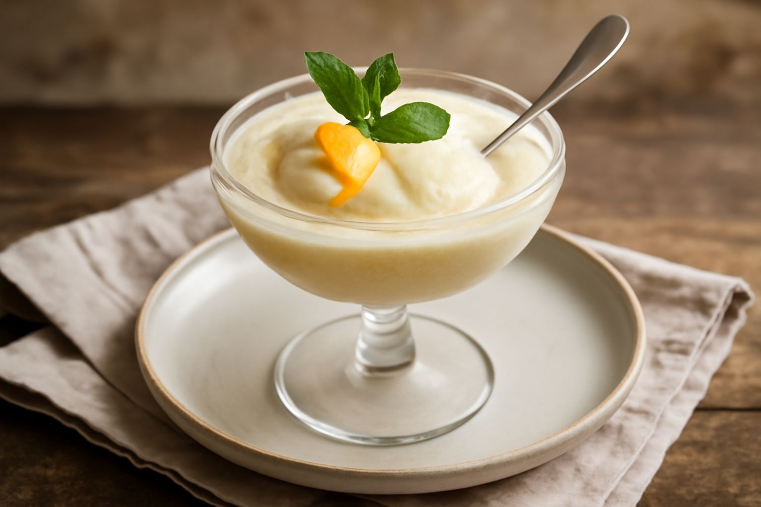 Coppa di vetro trasparente con granita giallo pallido, cremosa e leggermente gelata, guarnita con una fogliolina di menta verde e un riccio di scorza di limone, servita su piattino bianco
