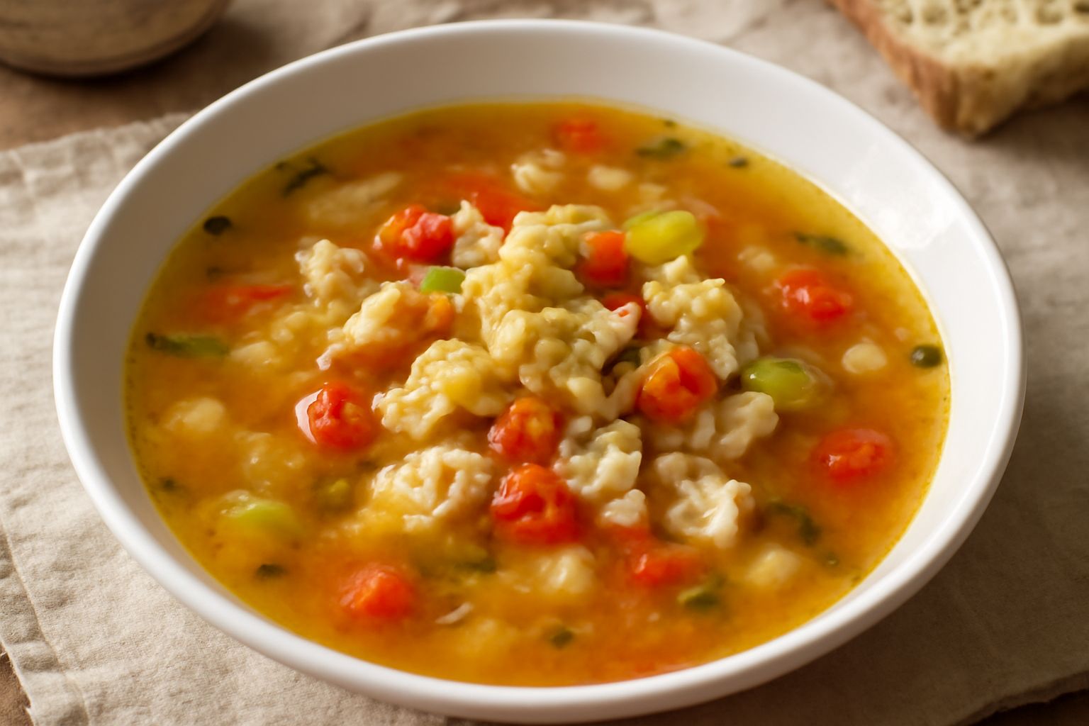 Sguazzetto di pesce in una ciotola di porcellana bianca: brodo traslucido di colore ambrato, pezzi di pesce bianco morbido, pomodori rossi spezzettati, cipolla e prezzemolo fresco in superficie, accan