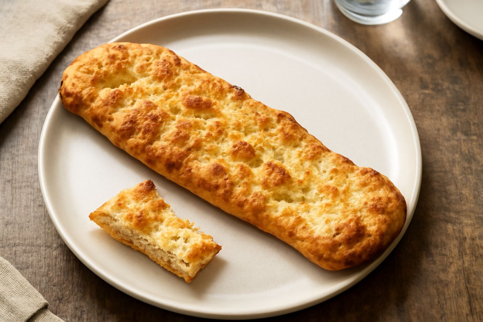Pane sizzano appena sfornato, sottile e croccante, colore dorato, superficie leggermente irregolare, spezzato a metà per mostrare la mollica, su tavolo di legno con farina sparsa