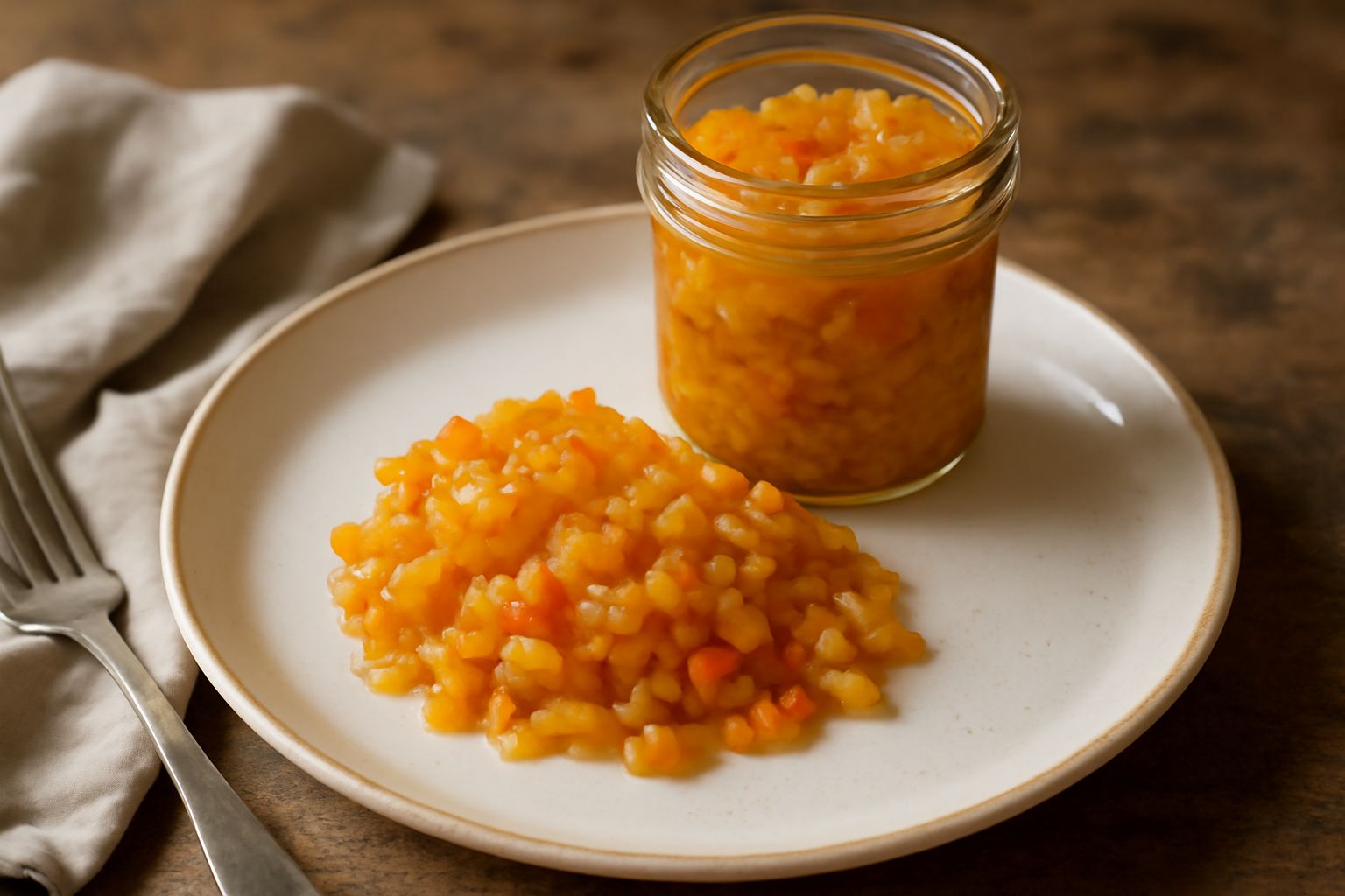 Soffritto dorato in una ciotola di vetro trasparente, con cipolla, sedano e carota tagliati finemente e leggermente caramellati, accanto a un barattolo di vetro chiuso con etichetta e data
