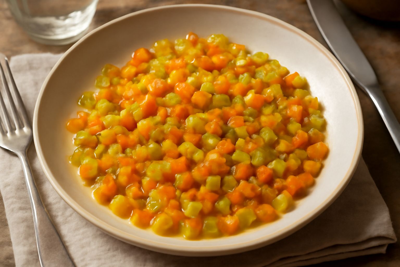 Soffritto di verdure dorate in pentola: carote, sedano e cipolla finemente tritati, con colore dorato uniforme e aroma visibile dal vapore