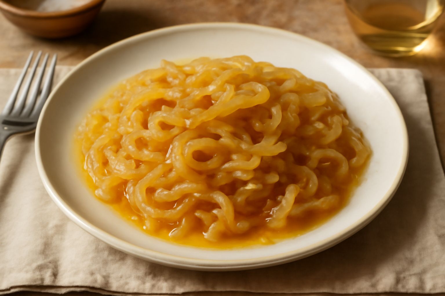 Cipolla bianca tagliata a fettine sottili in una padella antiaderente con olio dorato, doratura uniforme, cipolla traslucida e leggermente caramellata, fondo di padella pulito