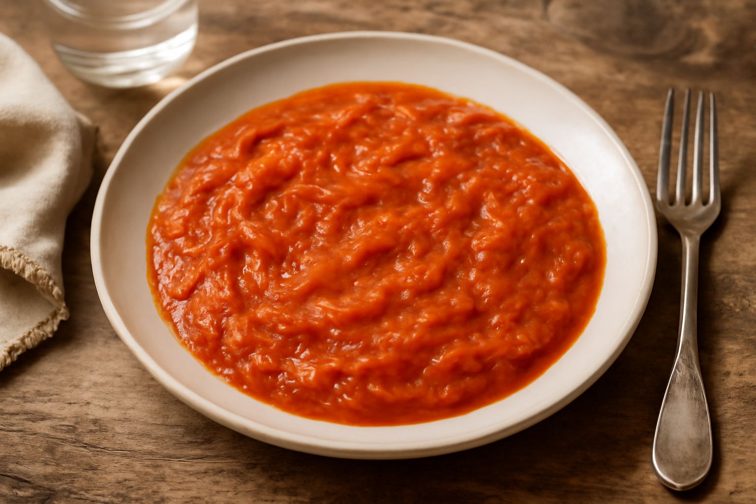 Soffritto di cipolla dorata e pomodoro rosso vivo in una padella di acciaio inox, con il cucchiaio di legno immerso nella salsa densa e fragrante, vapore leggero ancora visibile
