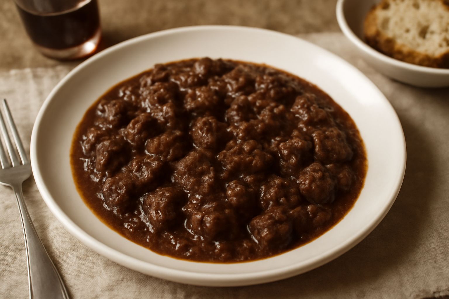 Pentola con soffritto di manzo in cottura: carne macinata e ritagli carnosi dorати in olio, cipolla e aglio, con brodo leggermente ridotto e colore marrone intenso