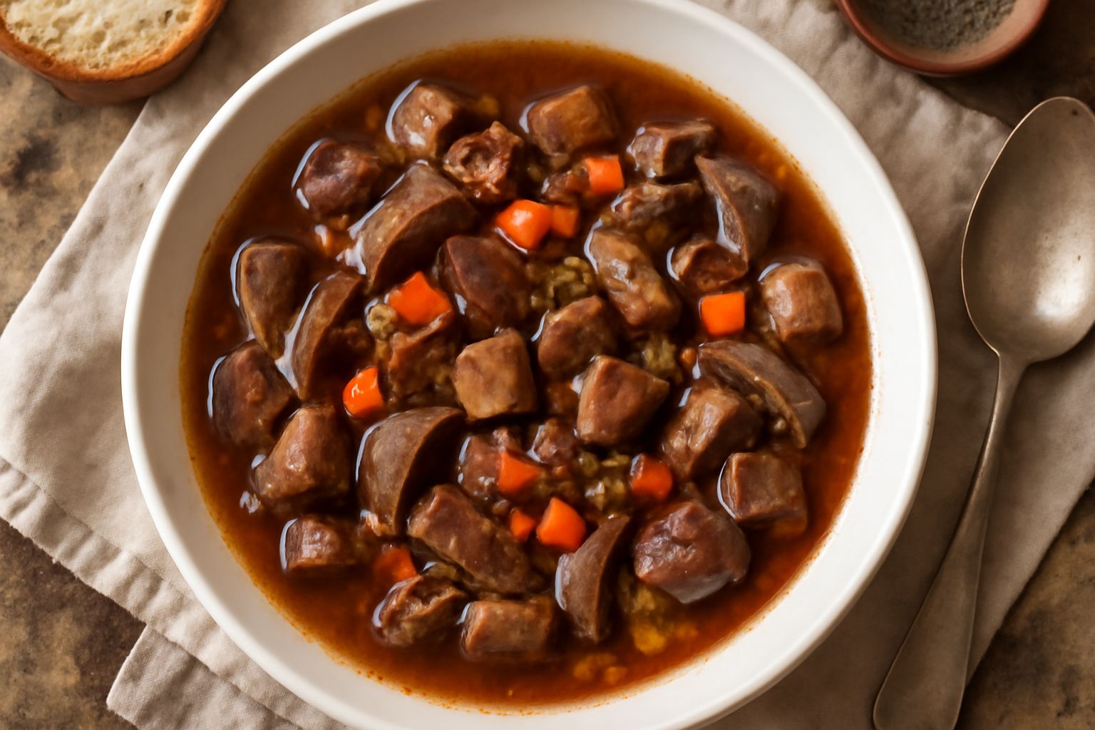 Soffritto d'interiora in terracotta color ocra con fegato scuro, pezzi di reni rossi, milza brunastro, carota arancione, sedano verde e cipolla bianca, con brodo visibile, guarnito di prezzemolo fresc