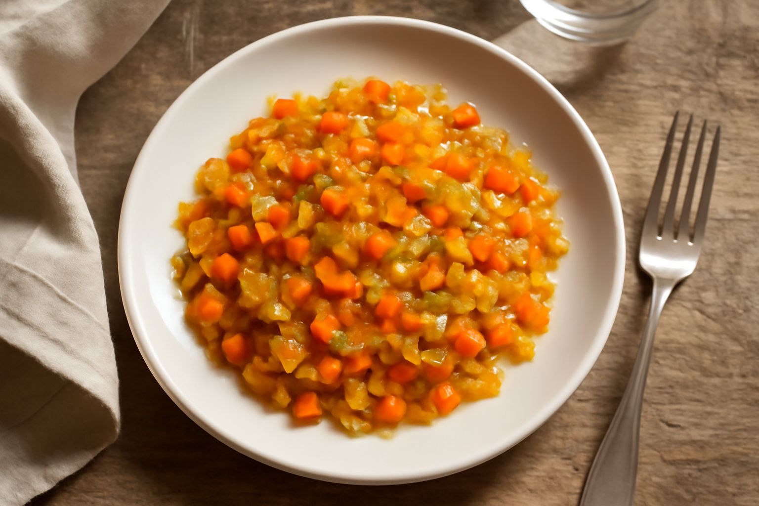 Soffritto dorato in una pentola: cipolla bianca, sedano verde e carota arancione tagliate a dadini, soffriggeranno lentamente in olio trasparente su un fuoco medio