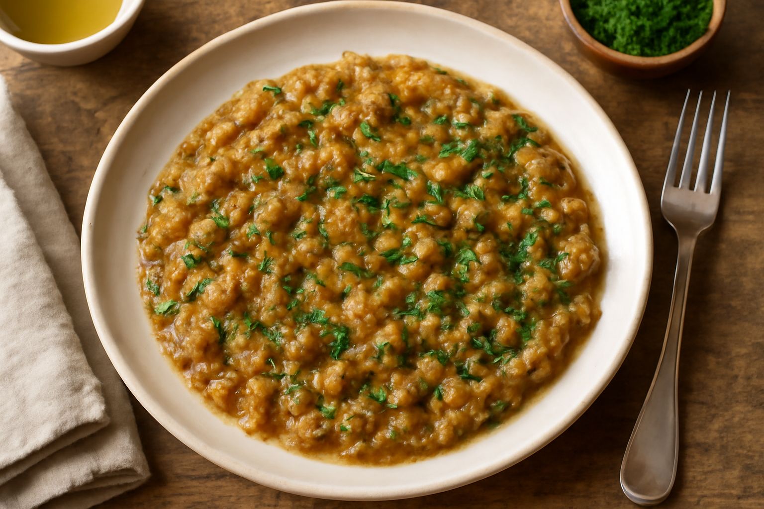 Cipolla bionda tritata, aglio e prezzemolo fresco in una padella larga con olio extravergine d'oliva caldo che inizia a rosolare, vapor leggero, fondo chiaro della padella in evidenza