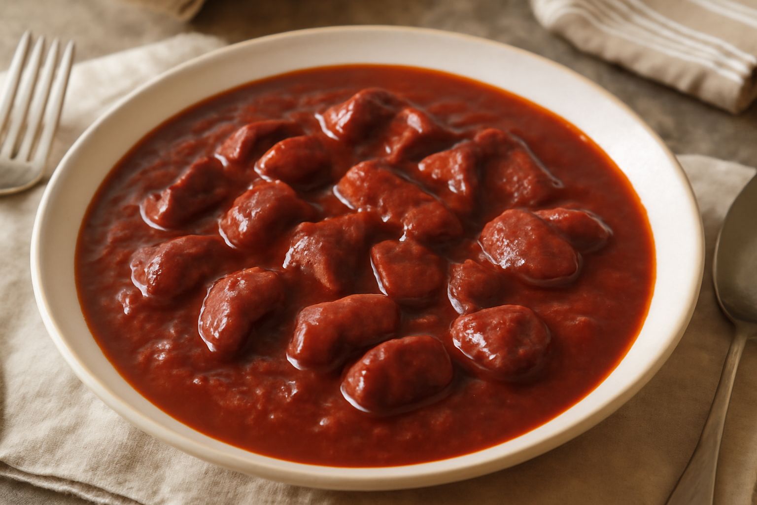 Piatto fondo bianco con fegatini rossastri e teneri in salsa di pomodoro e cipolla, guarnito con prezzemolo fresco tritato, accompagnato da fette di pane tostato ai lati