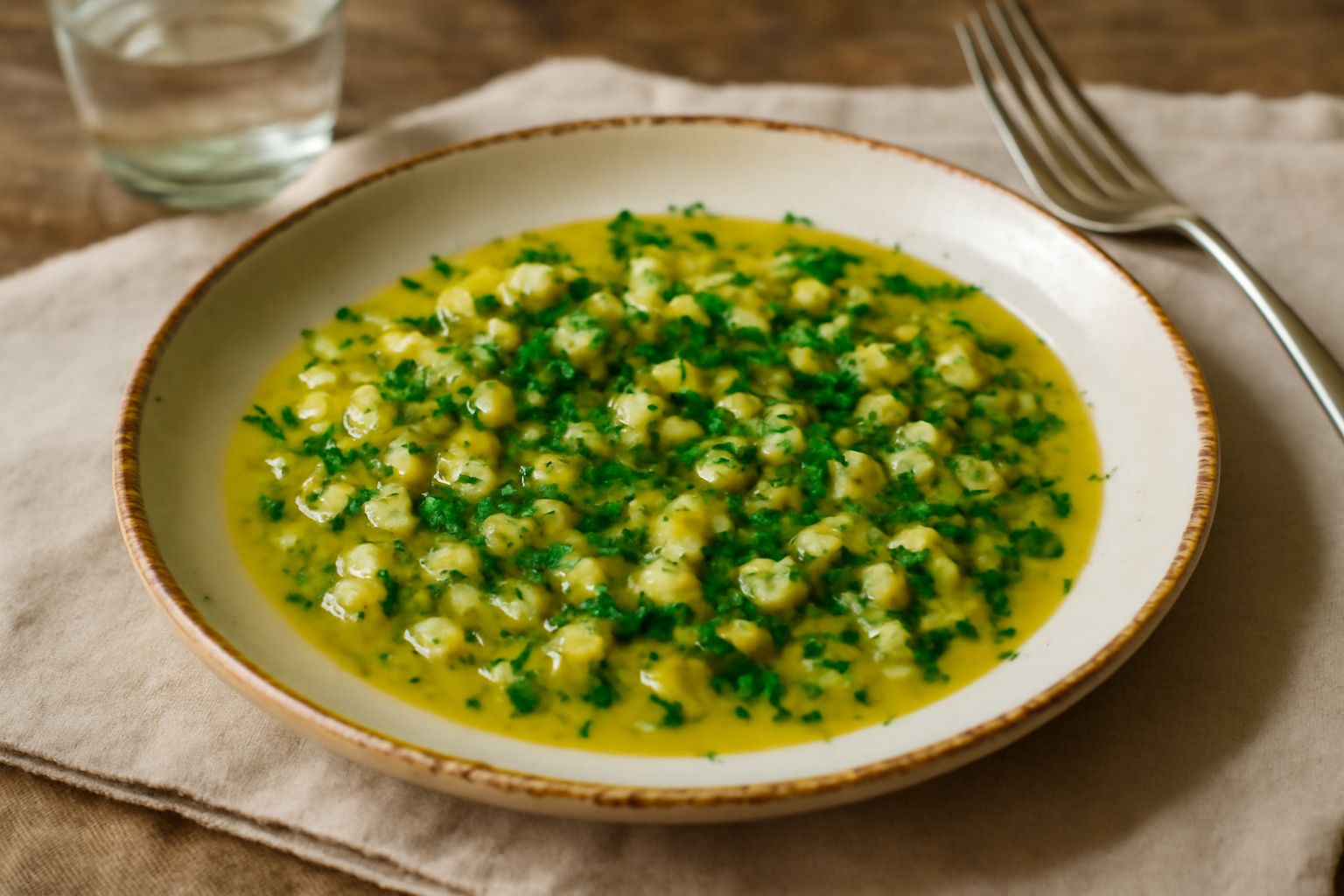 Un piatto bianco con aglio tritato, prezzemolo fresco verde e una ciotola di olio d'oliva extravergine, disposti separatamente prima della preparazione del soffritto