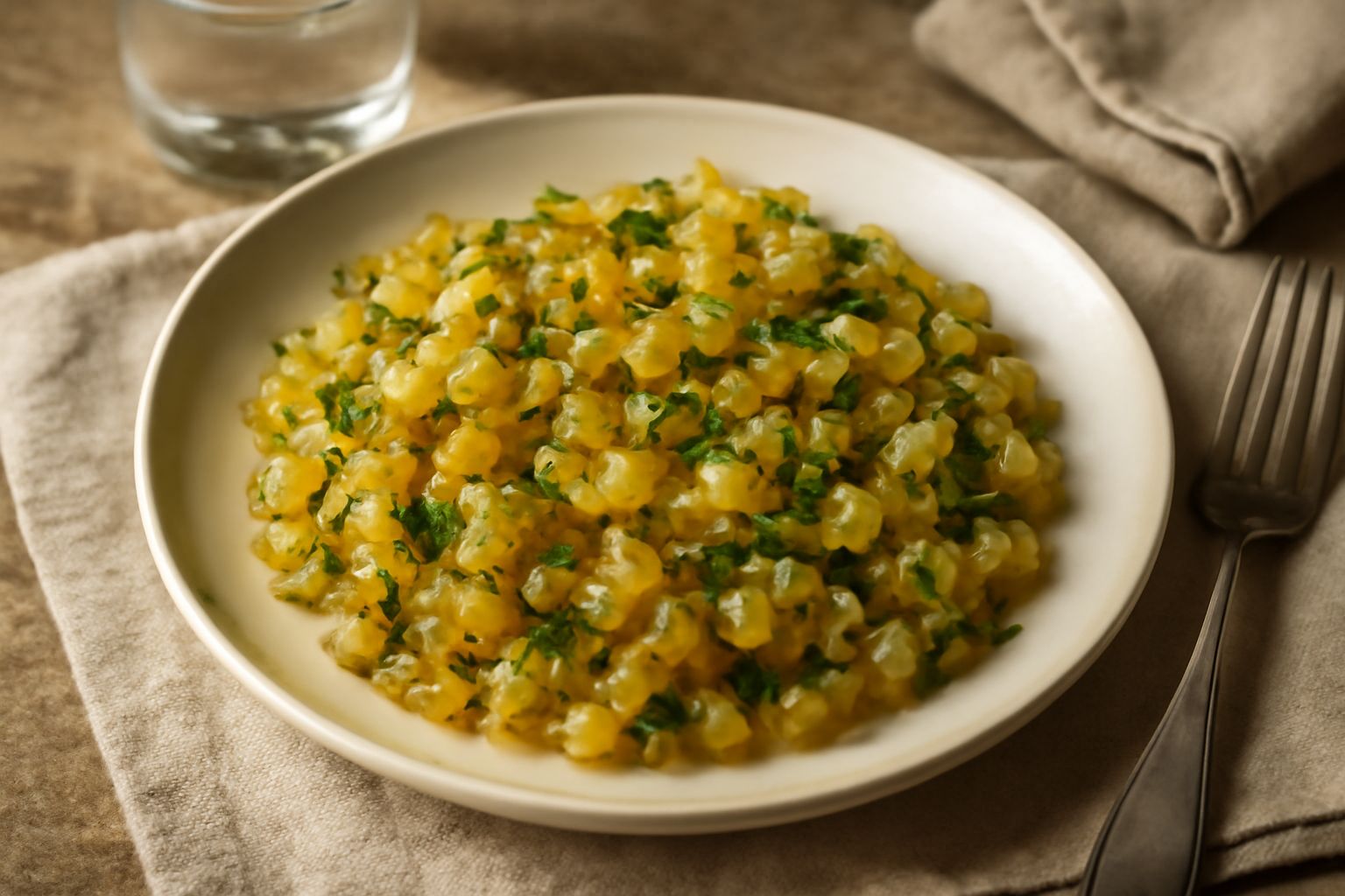 Soffritto trapanese in padella: aglio affettato e cipolla dorata semitrasparente mescolati con prezzemolo verde fresco tritato finissimo, in padella con olio d'oliva, vapore leggero che sale