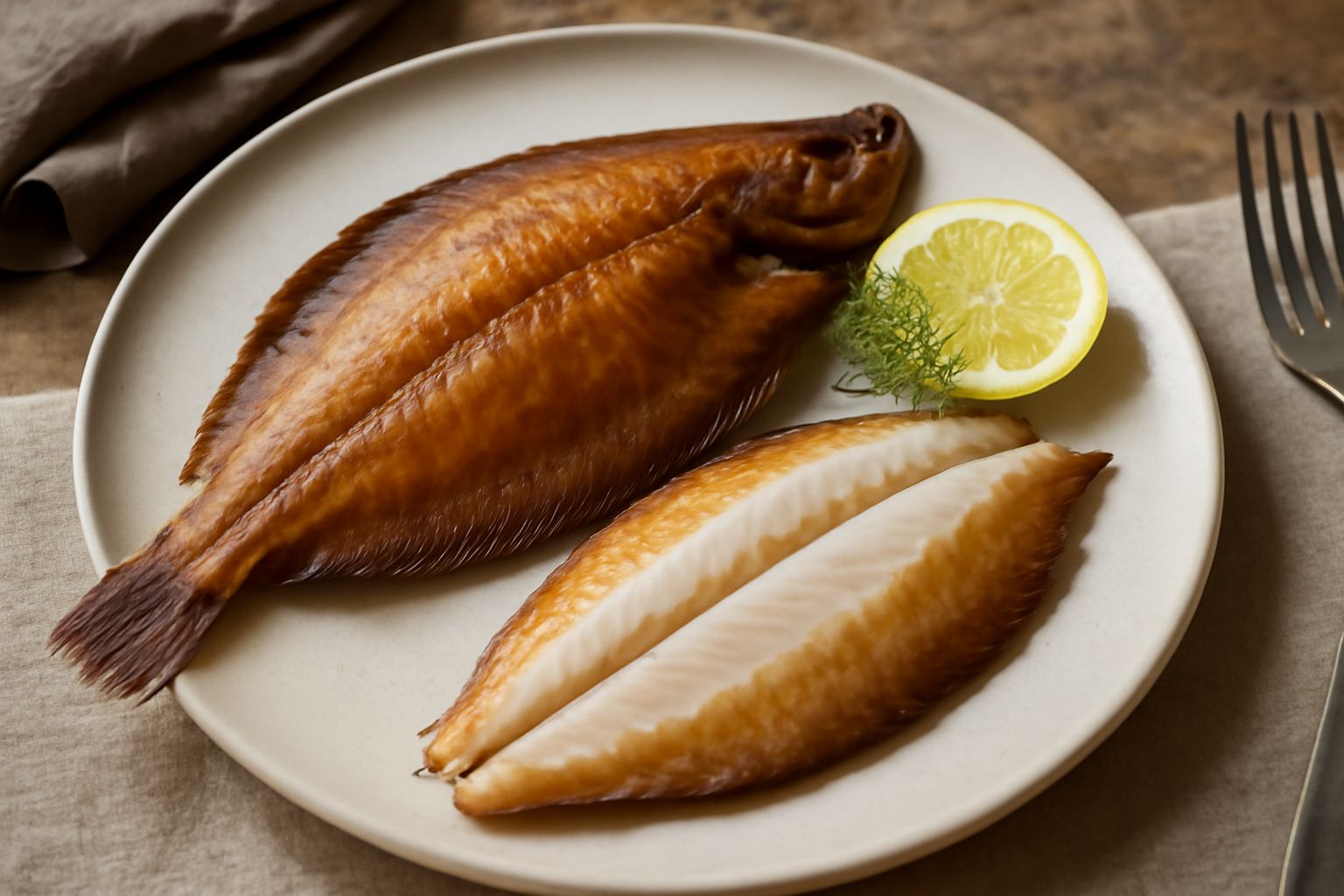 Sogliola affumicata intera su un piatto bianco con limone fresco, aneto e una spolverata di sale marino grosso, carne translucida e dorata