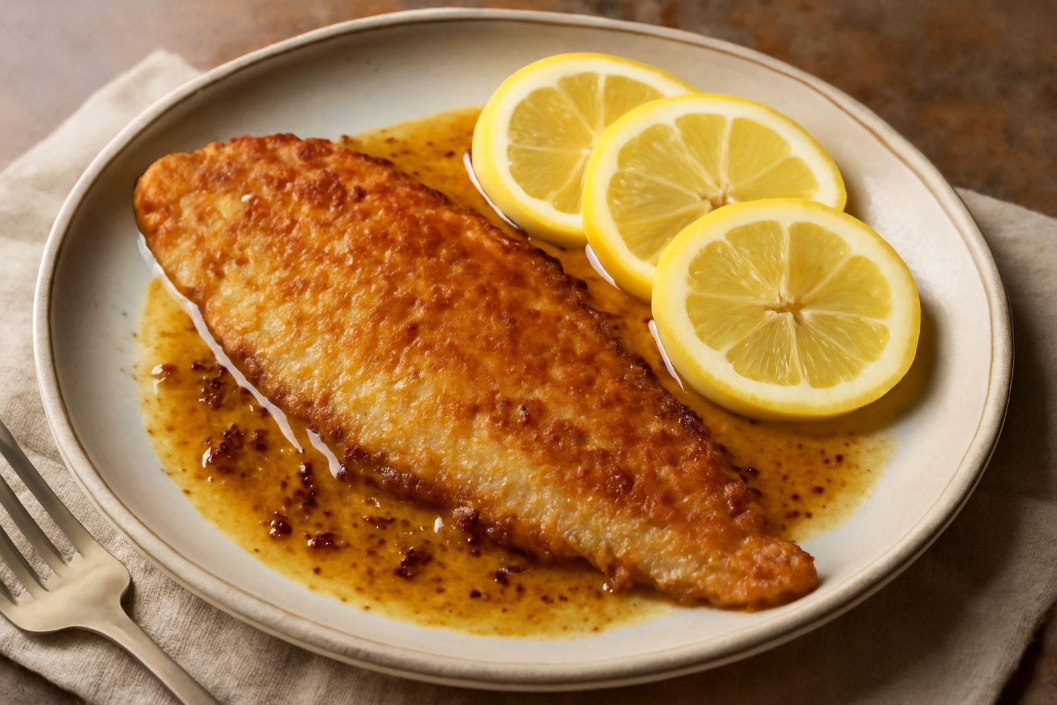 Filetto di sogliola dorato e croccante in padella con burro schiumoso, spicchi di limone giallo e prezzemolo fresco tritato sopra, contorno di spinaci in una ciotola bianca