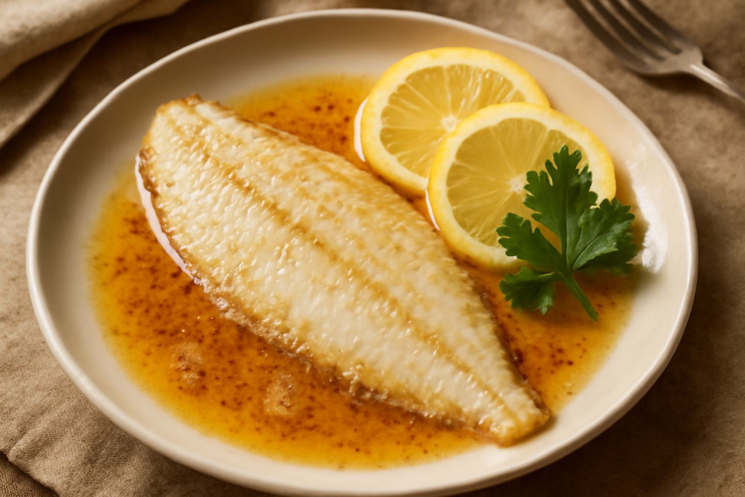 Filetto di sogliola dorato in padella, bagnato da burro schiumoso color nocciola, con fettine di limone giallo e prezzemolo fresco sul bordo del piatto bianco