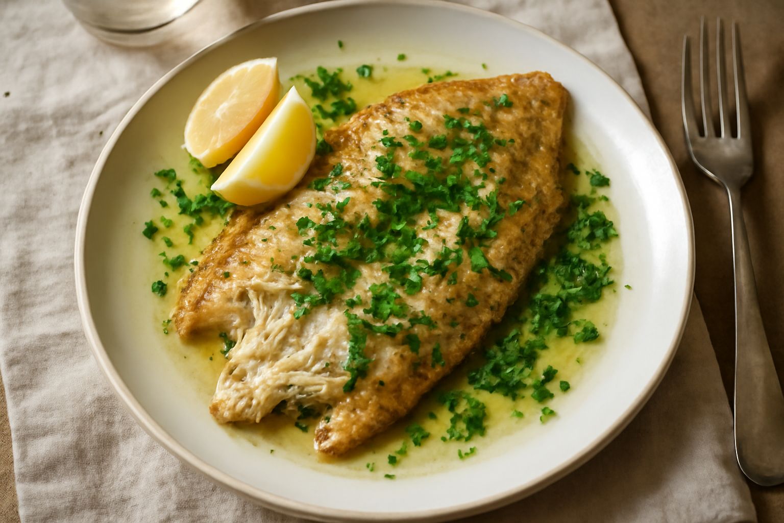 Sogliola intera dorata al forno su piatto bianco, condita con fettine di limone fresco e prezzemolo, contorno di verdure grigliate leggere, salsa trasparente di burro intorno