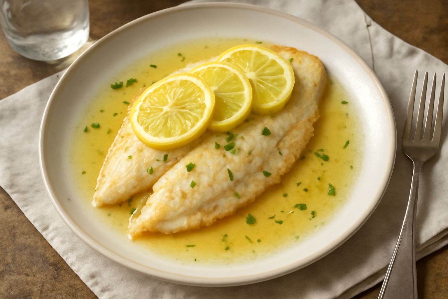 Filetto di sogliola bianco dorato in padella, cosparso di succo di limone giallo brillante, con fettine sottili di limone e prezzemolo verde fresco, contorno di limone intero sullo sfondo