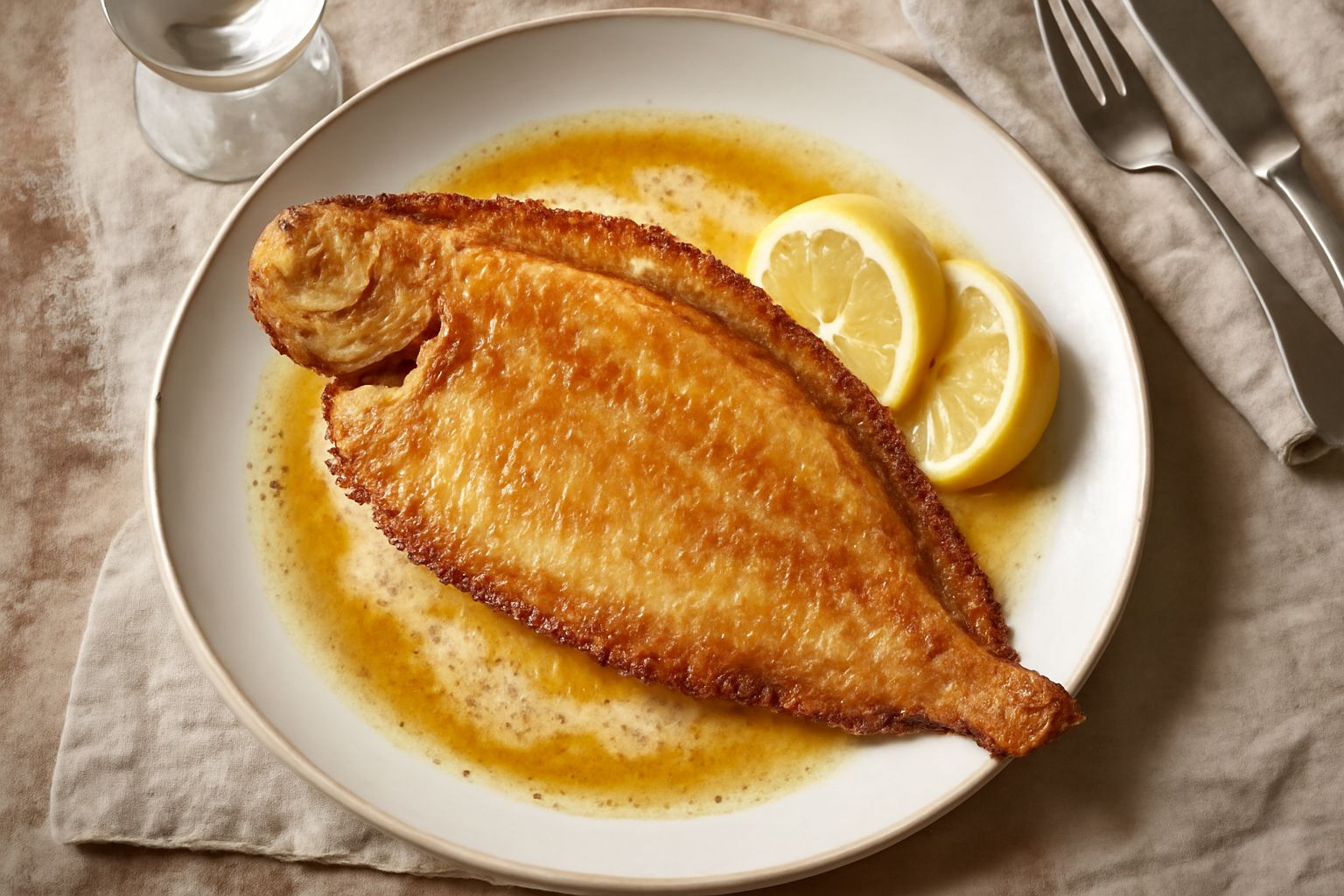 Sogliola intera dorata e croccante servita in un piatto bianco, con spicchi di limone giallo, burro fuso leggero e prezzemolo fresco spolverato
