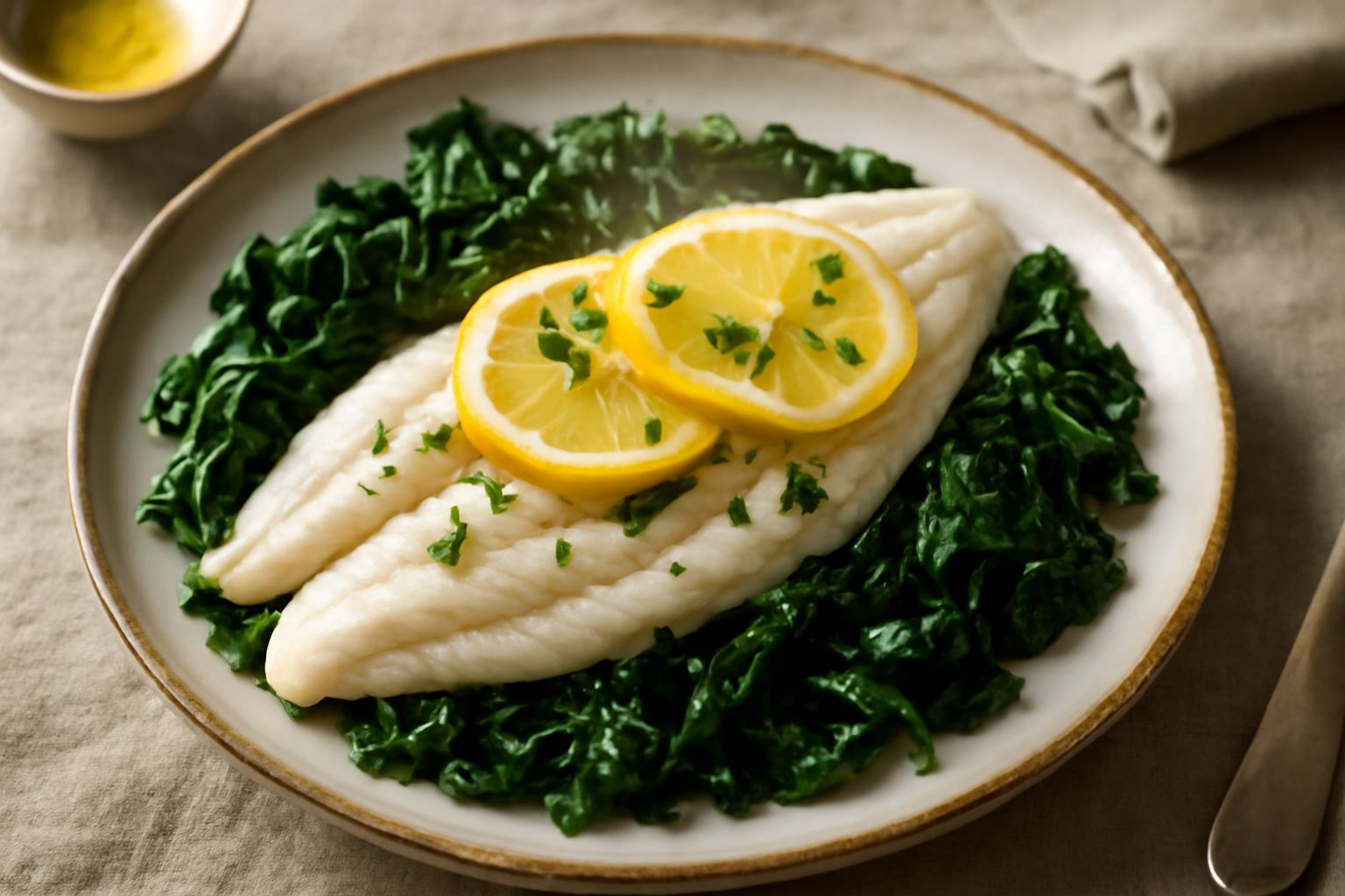 Filetti di sogliola dorata in padella, guarniti con fette di limone fresco e prezzemolo verde, su un piatto bianco con contorno di spinaci saltati