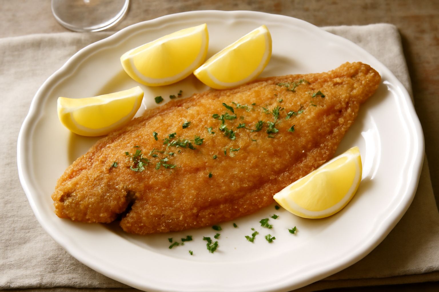 Due filetti di sogliola dorati e croccanti disposti su un piatto bianco con spicchi di limone fresco, prezzemolo tritato e una ciotola di salsa tartara di lato