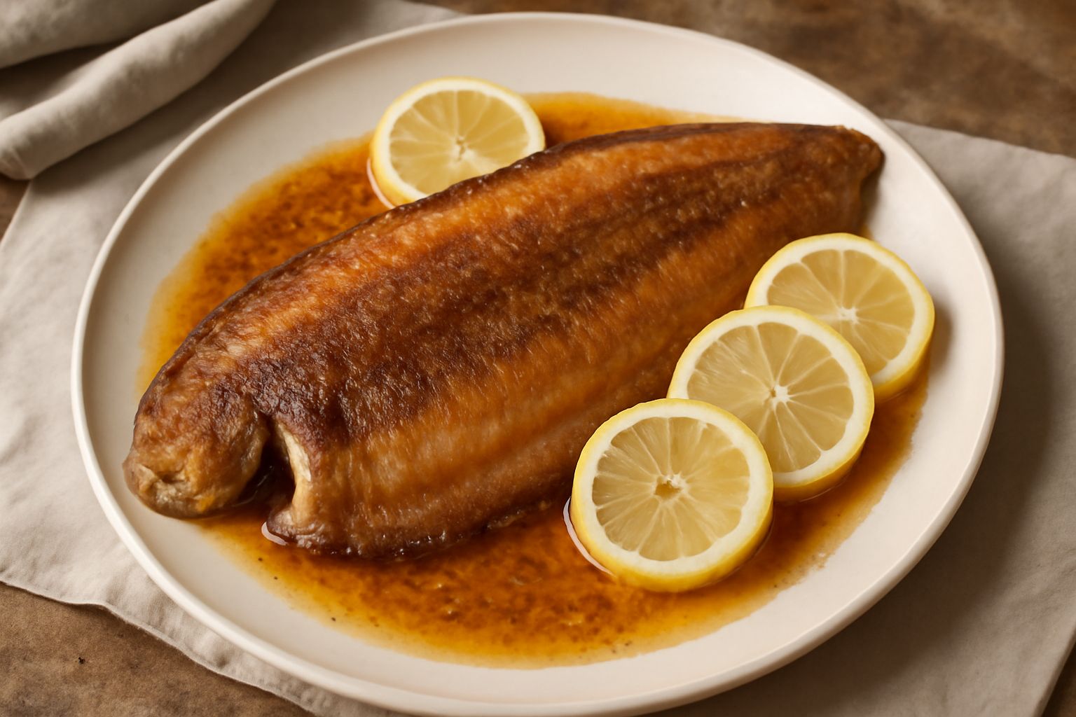 Sogliola intera fritta dorata con crosta croccante, guarnita da fette di limone fresco e prezzemolo verde, burro schiumoso intorno, su piatto bianco