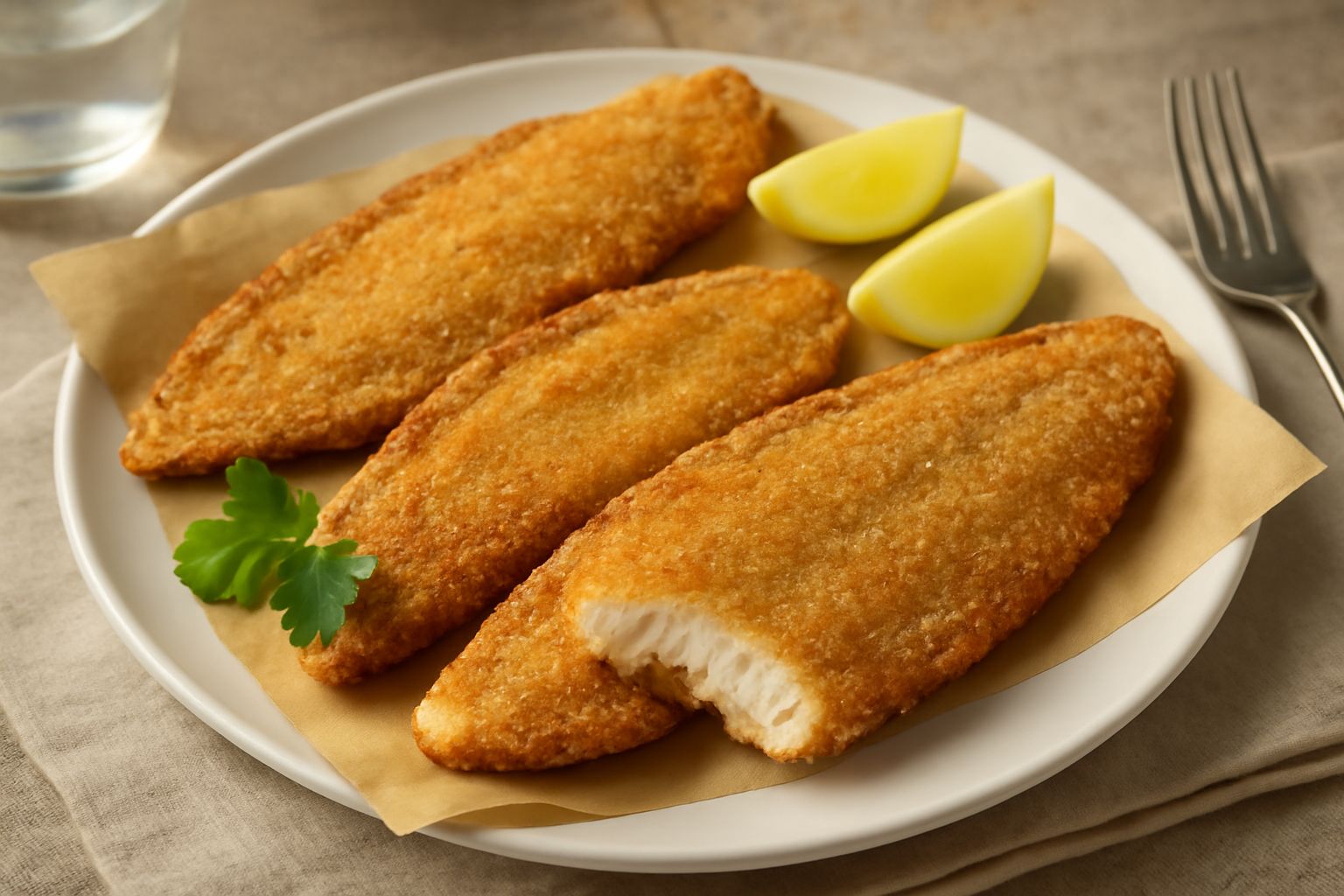 Tre sogliole fritte dorate e croccanti appoggiate su carta da forno assorbente, spolverati di sale fine, limone fresco tagliato a spicchi ai lati, contorno di insalata verde mista in piatto bianco