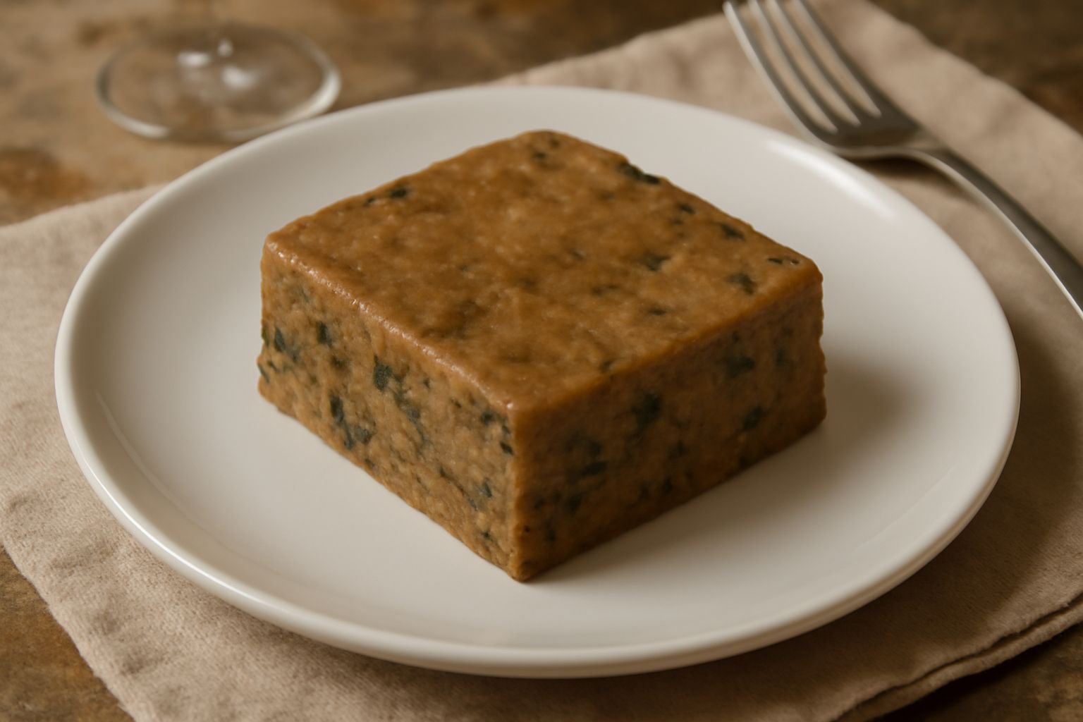 Ciotola di ceramica bianca con sopa coada fredda: composto denso e compatto di colore marrone e verde, pezzi visibili di pane e verdure, superficie levigata, guarnizione di prezzemolo fresco sopra, se