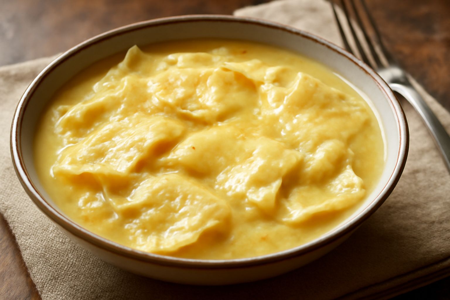 Ciotola di terracotta con zuppa cremosa giallo-dorata, pane carasau fragrante e morbido nel brodo, formaggio fuso che lega gli ingredienti, servita con cucchiaio di legno