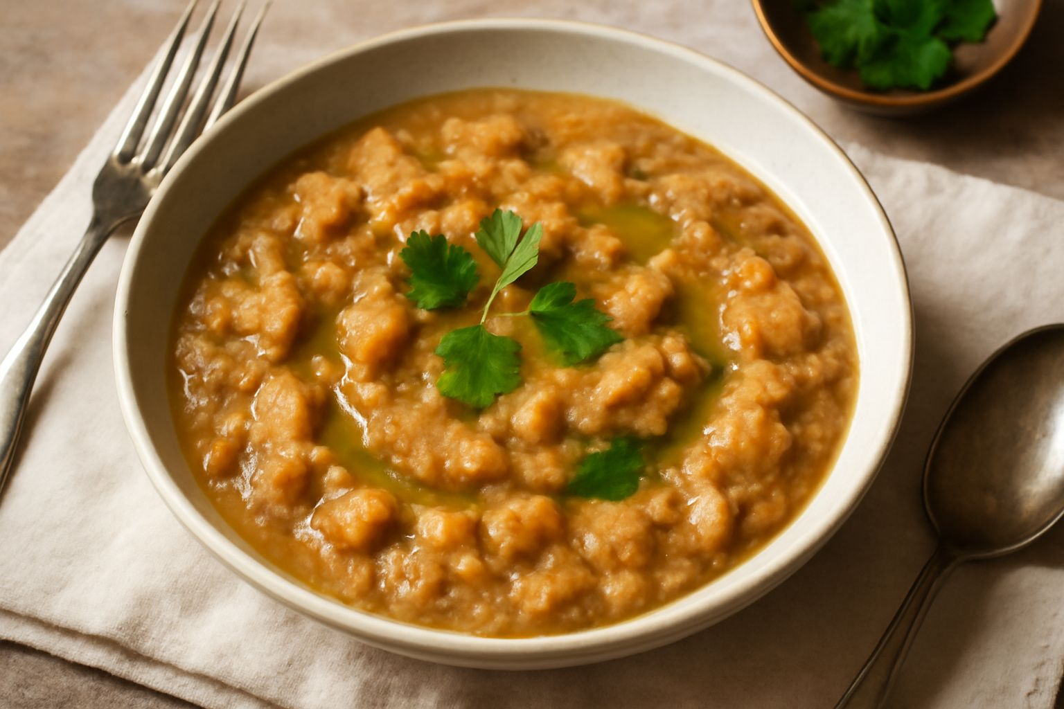 Una ciotola di sopa d'asen con pane inzuppato in brodo di verdure, cavolo e cipolla visibili in primo piano, vapore caldo che sale, servita in stoviglia di ceramica