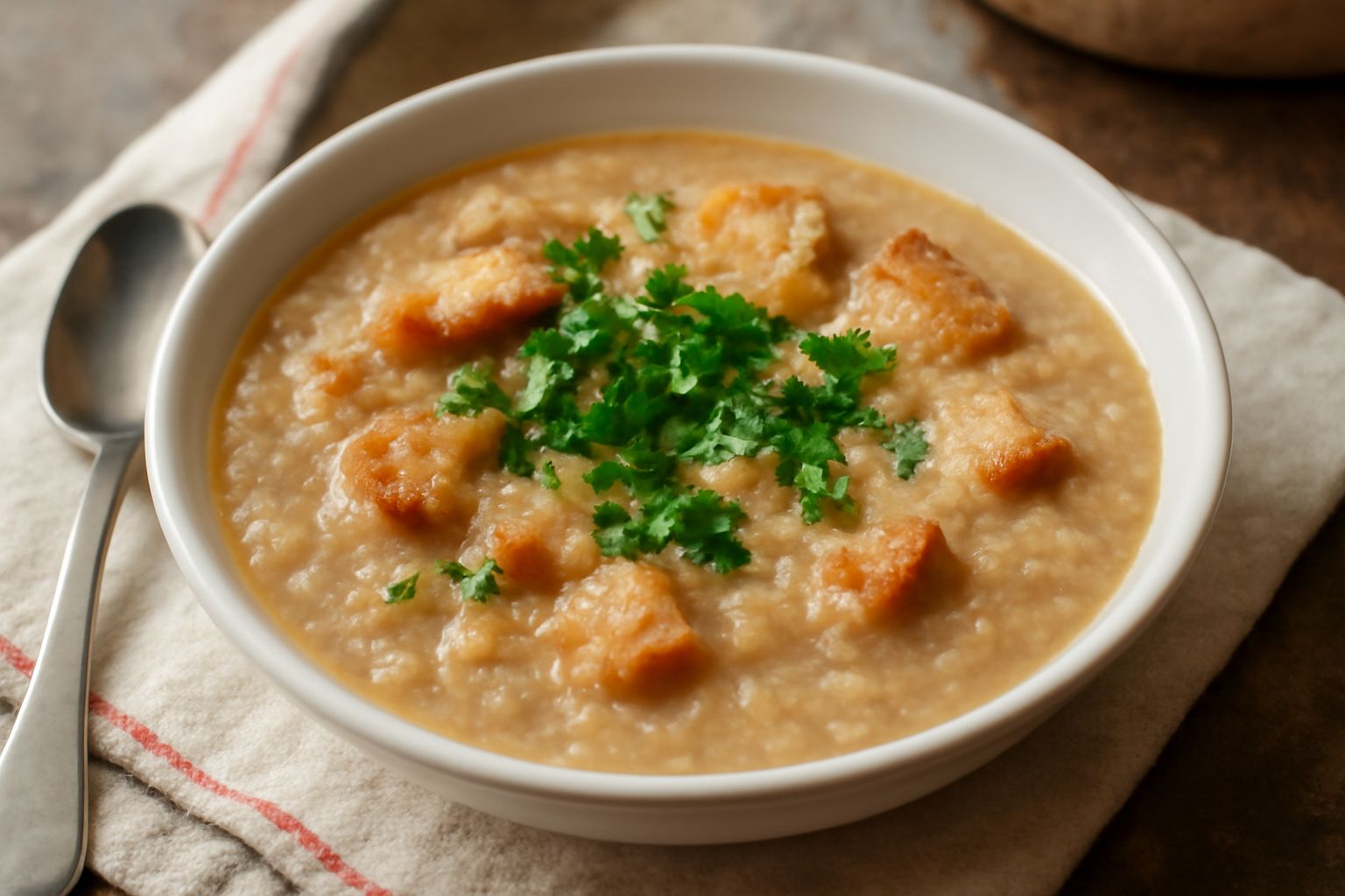 Ciotola di ceramica bianca con sopa de pan: zuppa densa di colore beige-dorato, con pezzi di pane ammorbidito, guarnita con prezzemolo fresco, accanto pane tostato croccante