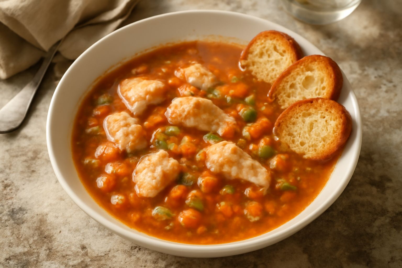 Ciotola di ceramica bianca con sopa de pesce: brodo rosato, pezzi di pesce bianco e rosa, verdure soffritte, pane tostato ai bordi, sedano e prezzemolo fresco in superficie, cuochiaio d'argento appogg