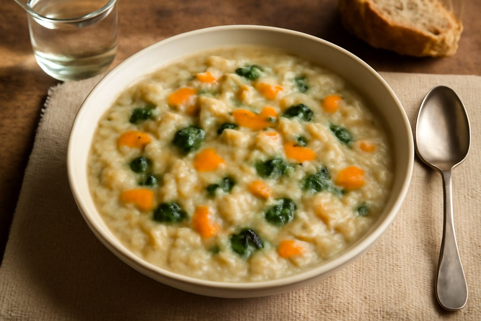 Ciotola bianca con sopa di pane fumante: pane biancastro in brodo denso, con verdure verdi e arancioni visibili, orlo d'olio dorato in superficie, seduto su tavolo di legno chiaro