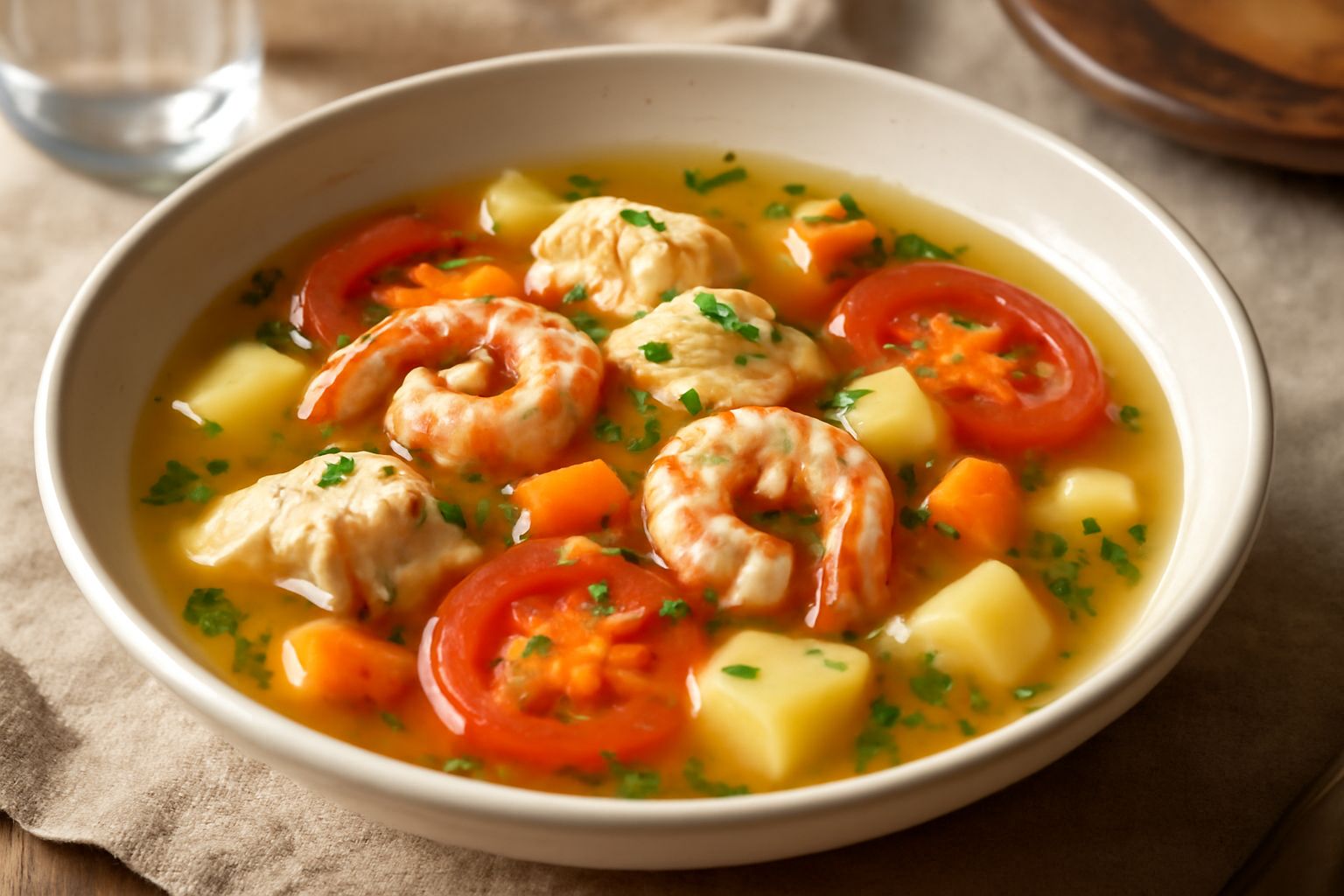 Zuppiera bianca con sopa di pesce fumante: brodo di colore ambrato con pezzi di pesce bianco, gamberetti, pomodori rossi e prezzemolo verde su superficie liscia di legno