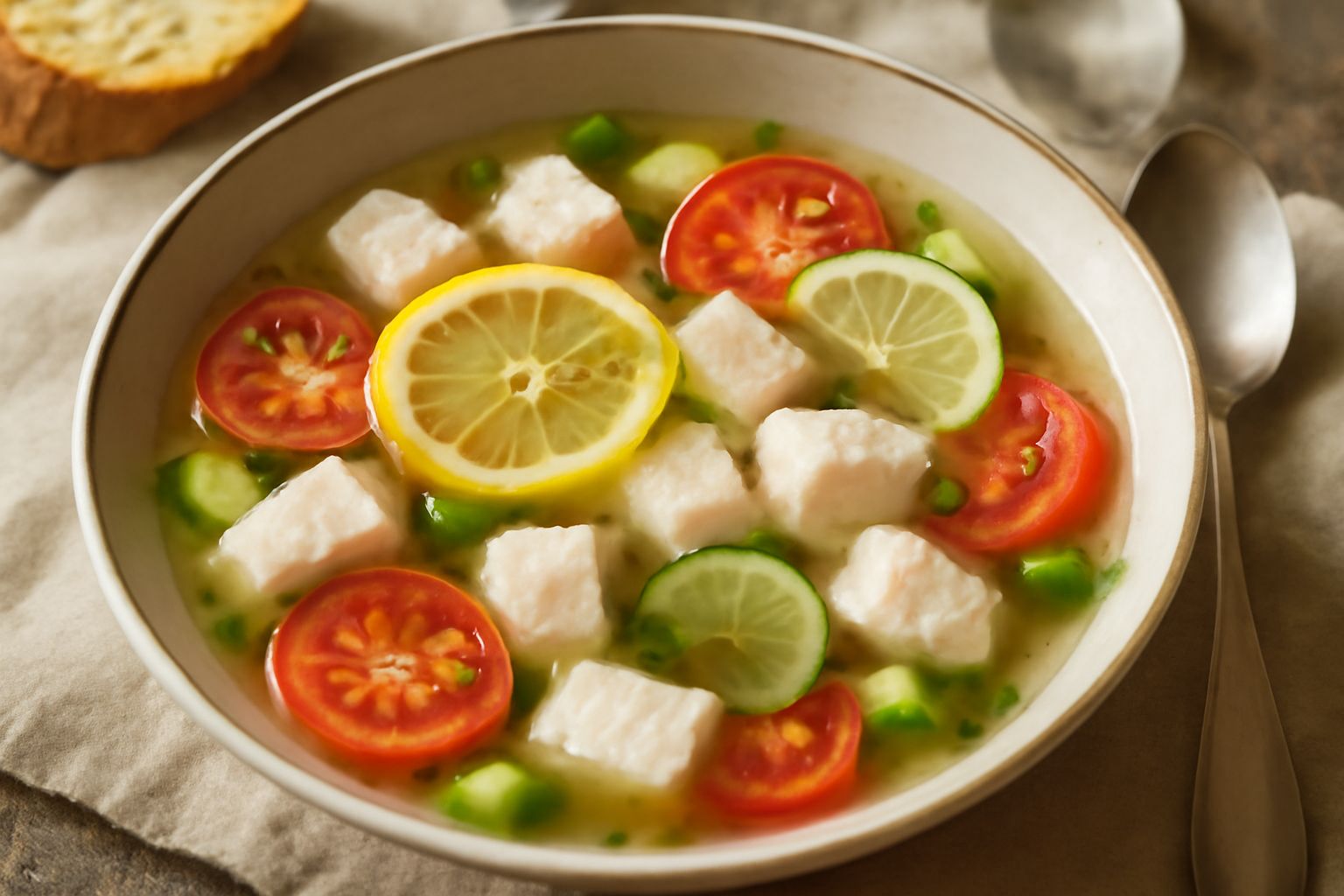 Ciotola di ceramica bianca con sopa di pesce fredda: brodo trasparente e gelido, dadi di pesce bianco marinato, fettine di limone giallo, pomodoro rosso, cetriolo verde, accompagnati da crostini tosta