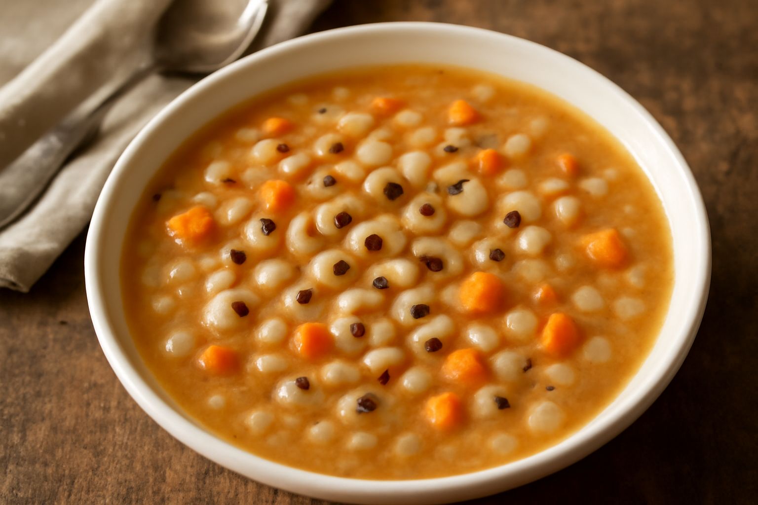 Ciotola di ceramica bianca con sopa d'oci: fagioli bianchi e marroni, carote arancioni tagliate a dadini, sedano e prezzemolo verde, in brodo denso e dorato, con fetta di pane tostato a bordo piatto