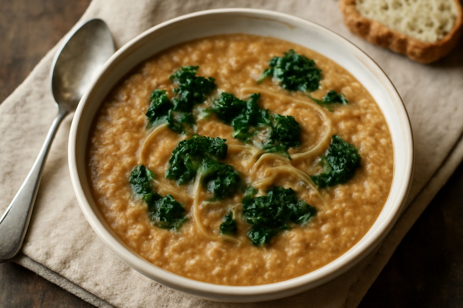 Una ciotola di sopa toscana in piatto fondo bianco, con fette di pane tostato giallo-marrone immerse in brodo ricco, cavolo riccio verde scuro, cipolla dorata, filo d'olio extravergine lucido in super