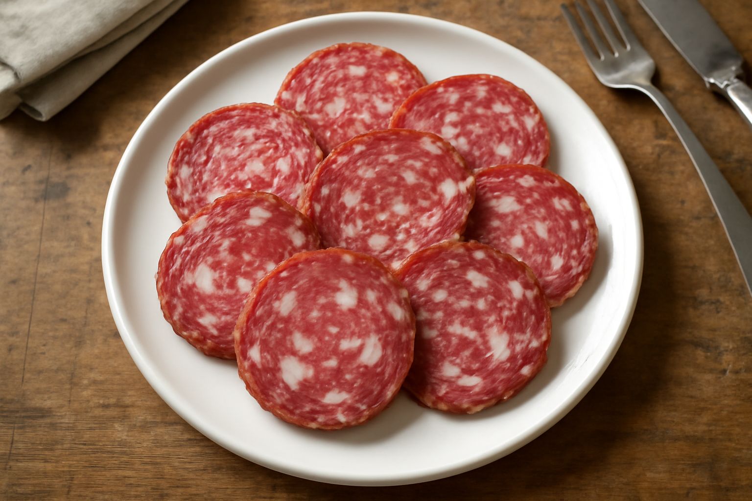 Fette di soppressa veneta affettate, di colore rosso scuro e bianco marmorizzato, disposte su un piatto bianco con una lama di coltello affilato accanto