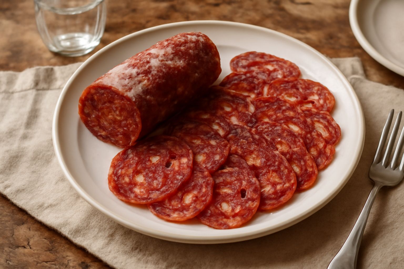 Soppressata calabrese affettata sottile su un tagliere di legno, fette rosse e marezzate con spezie visibili, accanto a pane casereccio scuro e un bicchiere di vino rosso
